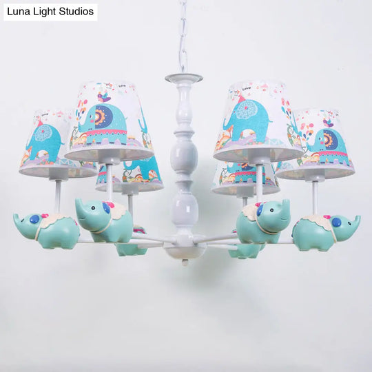 Light Blue Resin Elephant Chandelier 5/6 Heads Cartoon Style Pendant Ceiling With Fabric Shade &