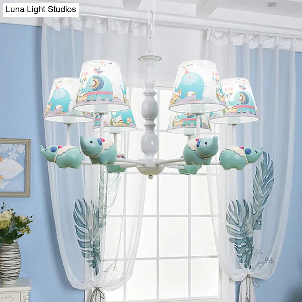 Light Blue Resin Elephant Chandelier 5/6 Heads Cartoon Style Pendant Ceiling With Fabric Shade &