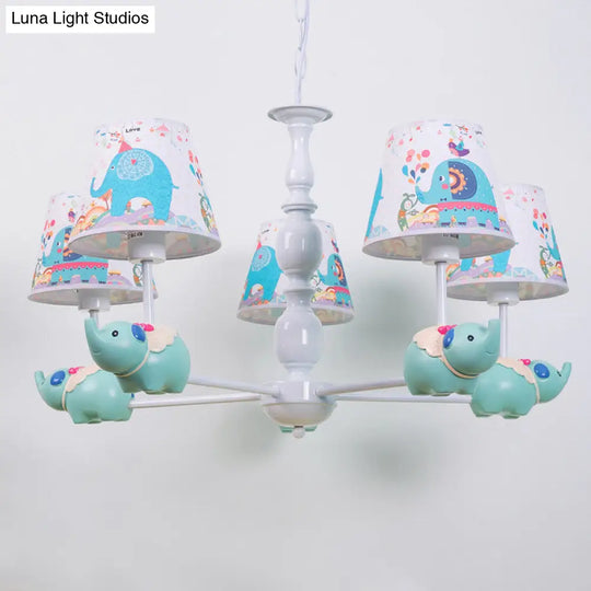 Light Blue Resin Elephant Chandelier 5/6 Heads Cartoon Style Pendant Ceiling With Fabric Shade &