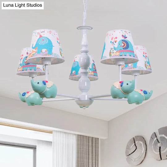 Light Blue Resin Elephant Chandelier 5/6 Heads Cartoon Style Pendant Ceiling With Fabric Shade &