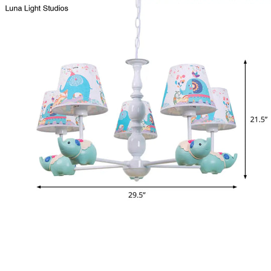 Light Blue Resin Elephant Chandelier 5/6 Heads Cartoon Style Pendant Ceiling With Fabric Shade &