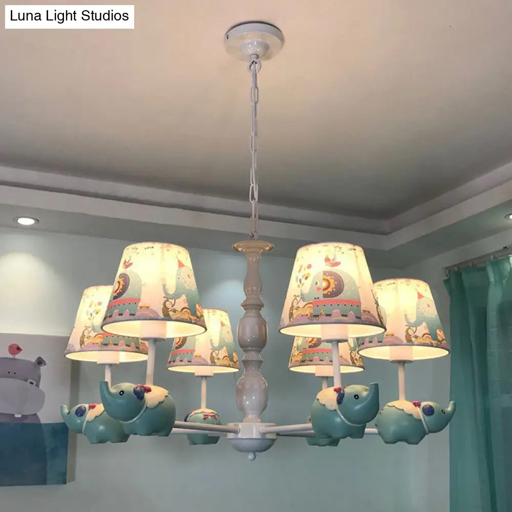 Light Blue Resin Elephant Chandelier 5/6 Heads Cartoon Style Pendant Ceiling With Fabric Shade &