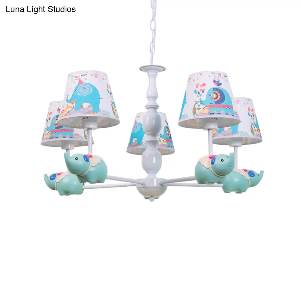 Light Blue Resin Elephant Chandelier 5/6 Heads Cartoon Style Pendant Ceiling With Fabric Shade &