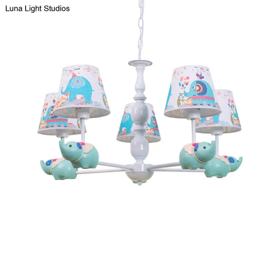 Light Blue Resin Elephant Chandelier 5/6 Heads Cartoon Style Pendant Ceiling With Fabric Shade &