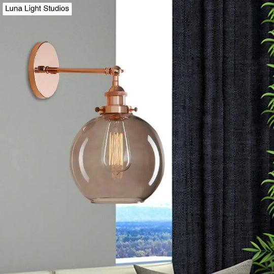 Light Grey Glass Wall Sconce: Industrial Black/Brass/Copper Globe Living Room Lighting Fixture