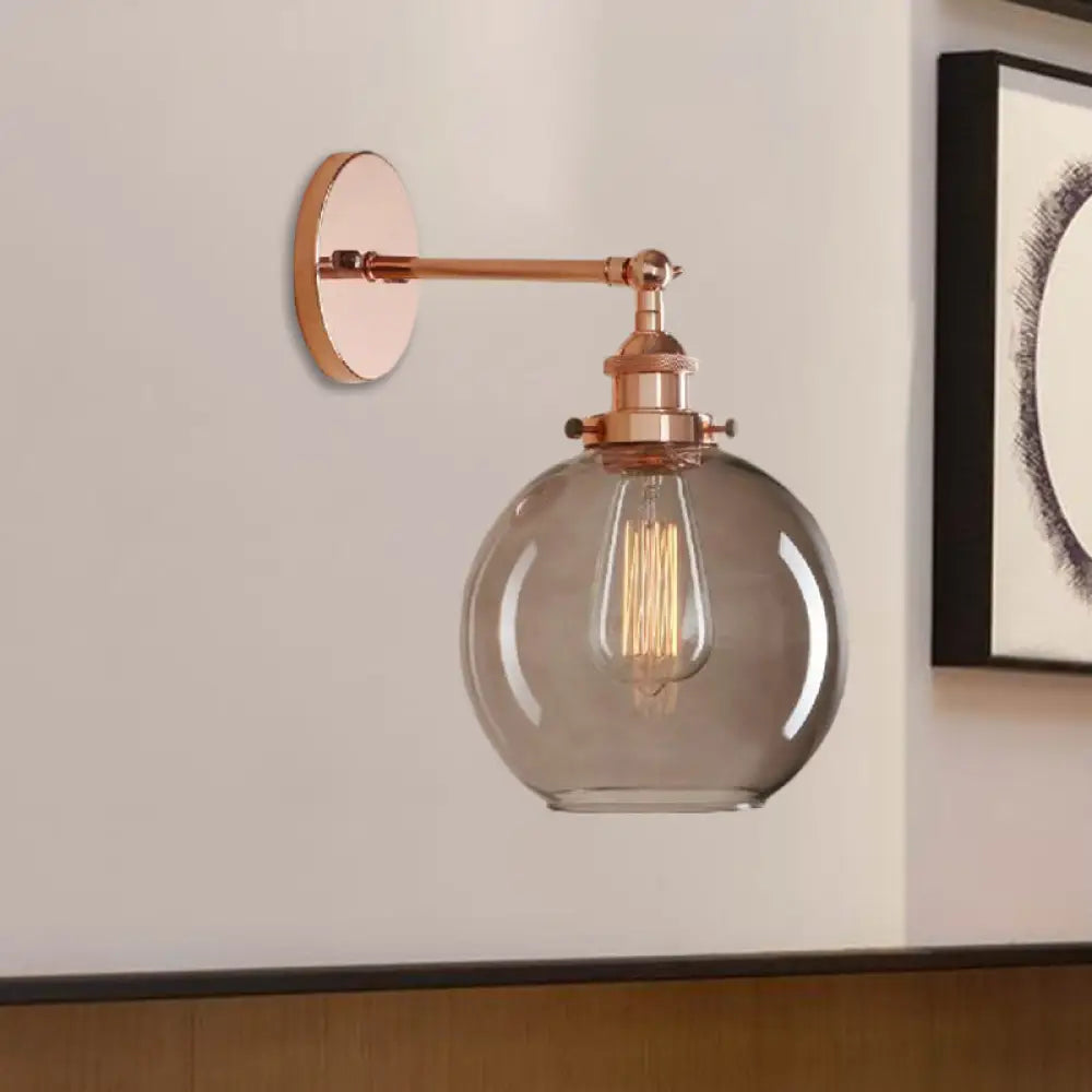 Light Grey Glass Wall Sconce: Industrial Black/Brass/Copper Globe Living Room Lighting Fixture