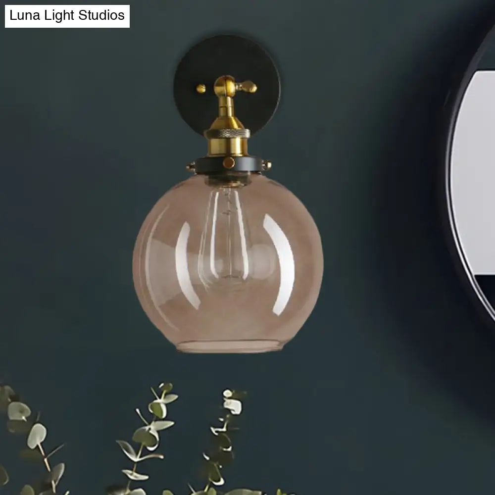 Light Grey Glass Wall Sconce: Industrial Black/Brass/Copper Globe Living Room Lighting Fixture