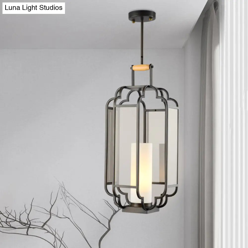 Light Tan Glass Hanging Pendant - Traditional Black Cylinder Pendulum For Living Room 8/10/12 Wide