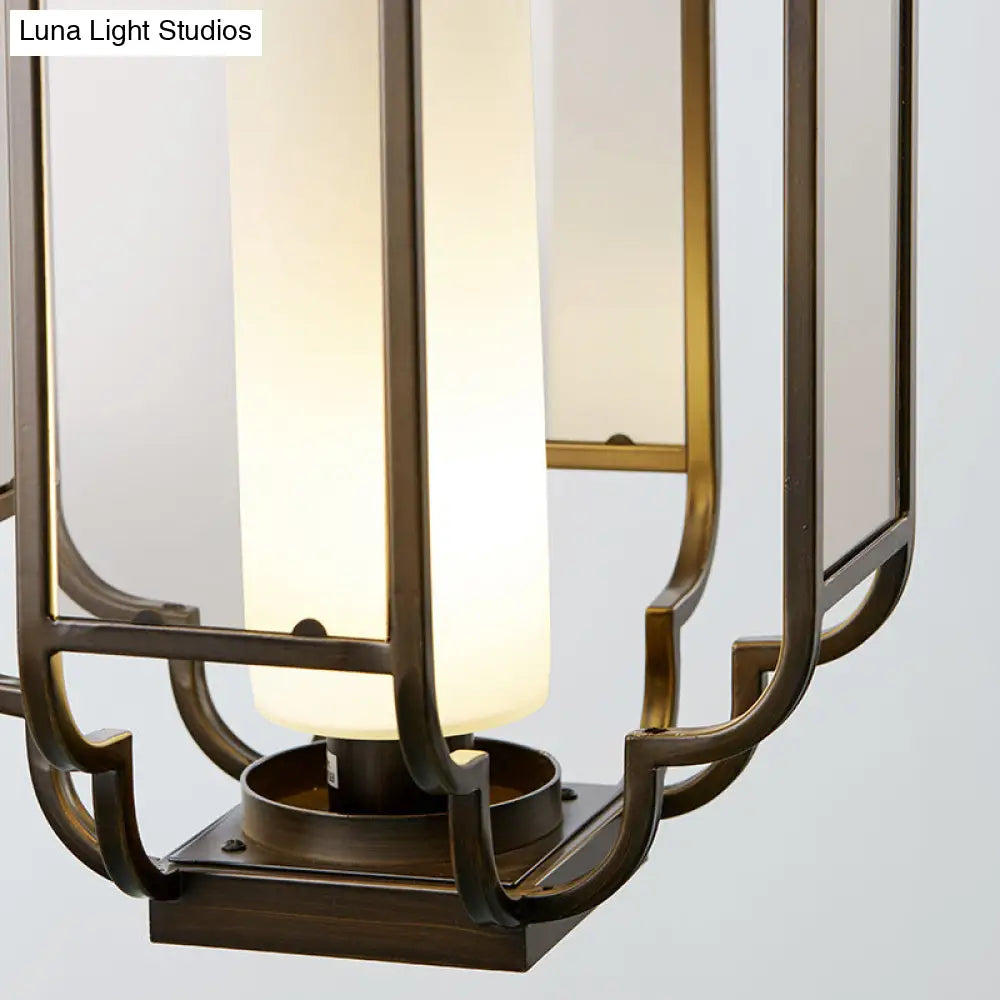 Light Tan Glass Hanging Pendant - Traditional Black Cylinder Pendulum For Living Room 8/10/12 Wide