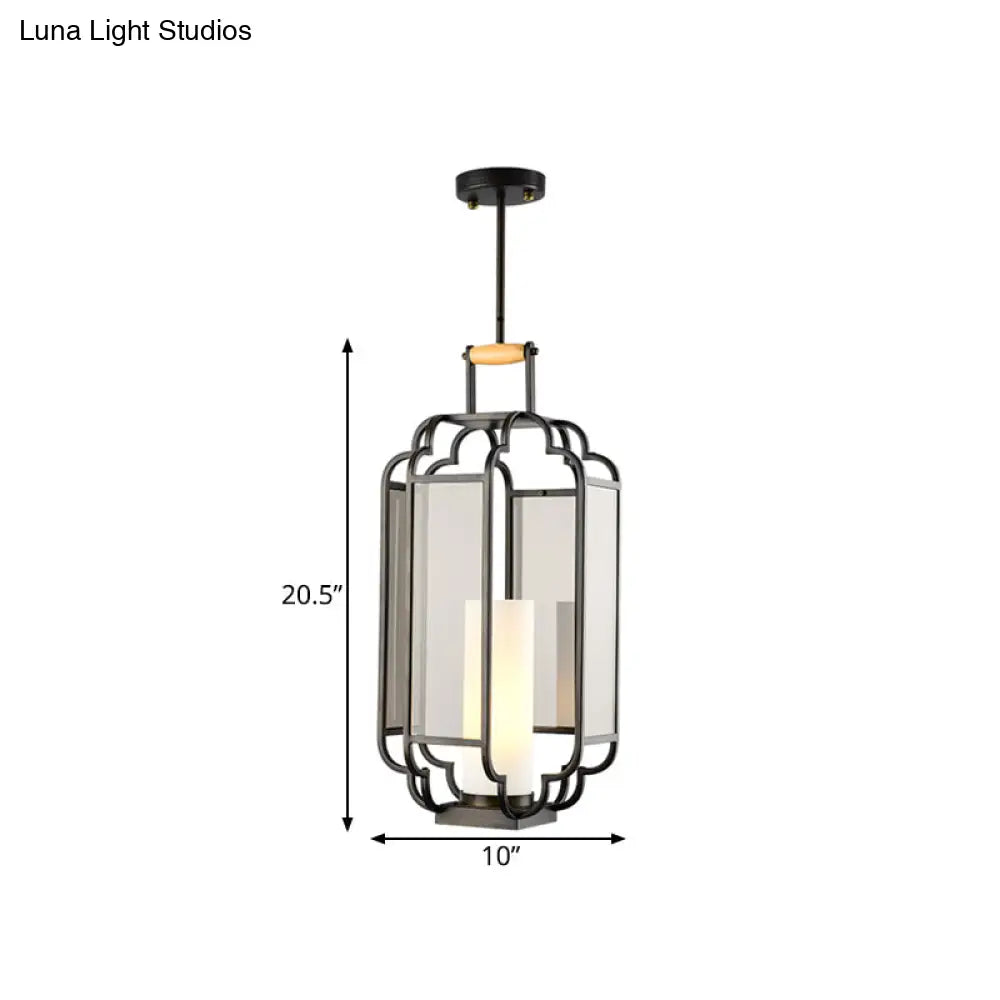 Light Tan Glass Hanging Pendant - Traditional Black Cylinder Pendulum For Living Room 8/10/12 Wide