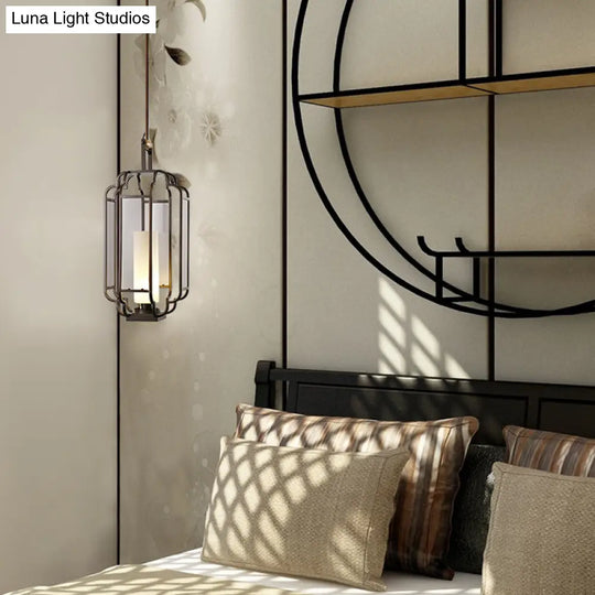 Light Tan Glass Hanging Pendant - Traditional Black Cylinder Pendulum For Living Room 8/10/12 Wide