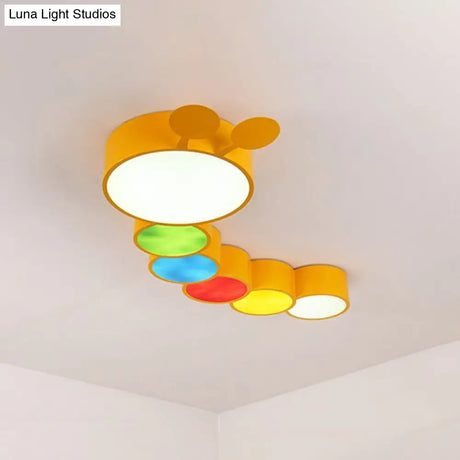 Lighting Up Learning: Yellow Metal Led Flush Mount Fixture With Adorable Cartoon Caterpillar Design
