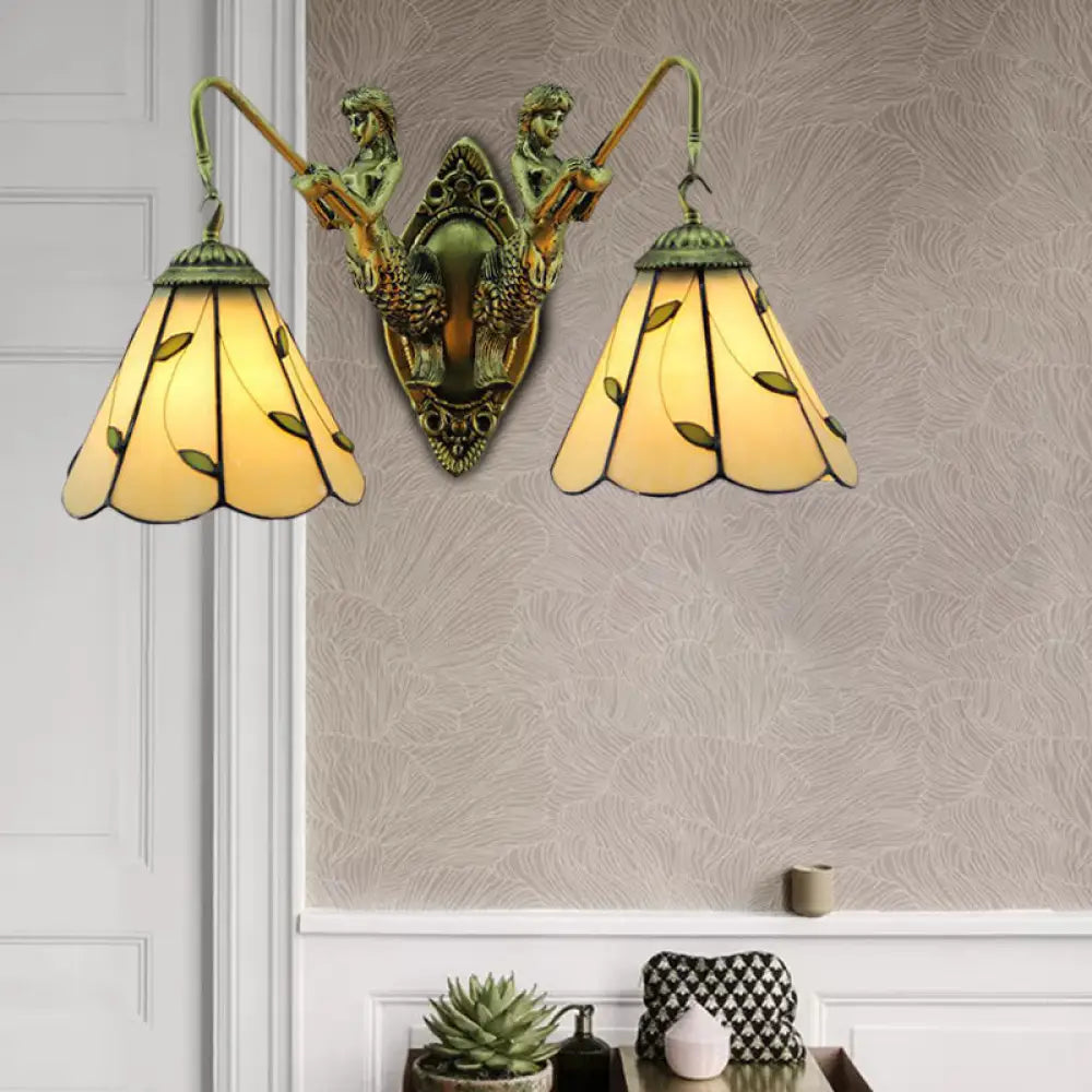 Lily Beige Glass Sconce Light Fixture - Tiffany Style With 2 Brass Wall-Mounted Heads And Mermaid