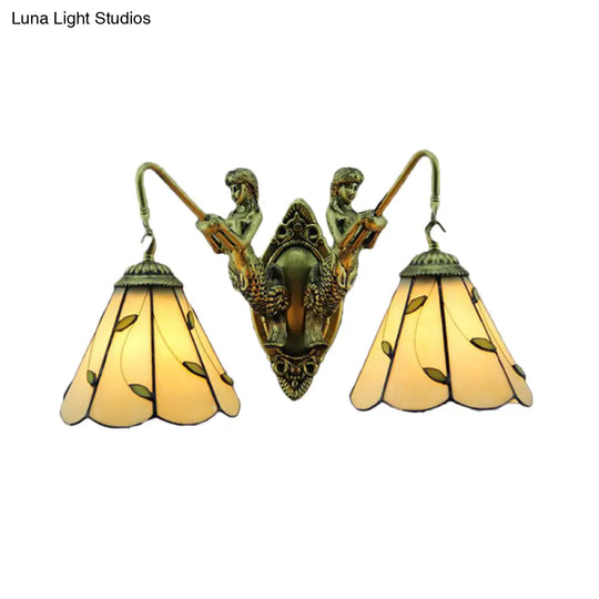 Lily Beige Glass Sconce Light Fixture - Tiffany Style With 2 Brass Wall-Mounted Heads And Mermaid