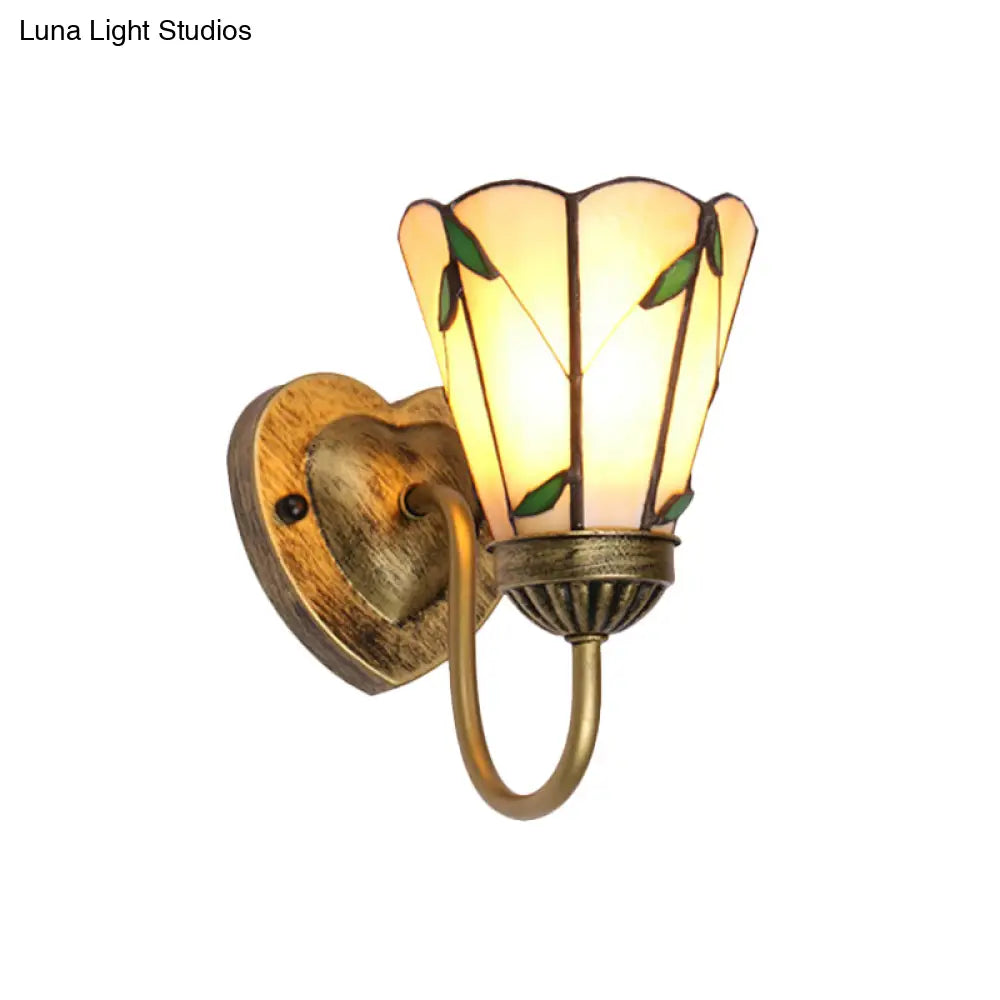 Lily Beige Tiffany Glass Wall Light Fixture - 1-Head White/Blue/Antique Brass Sconce For Bedroom