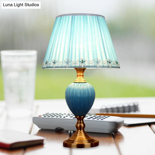 1-Light Retro Sky Blue Night Lamp With Pleated/Paneled Fabric Shade And Ceramic Base