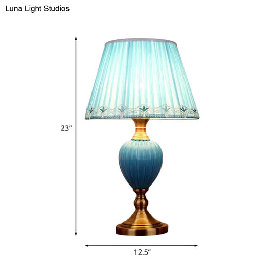 1-Light Retro Sky Blue Night Lamp With Pleated/Paneled Fabric Shade And Ceramic Base