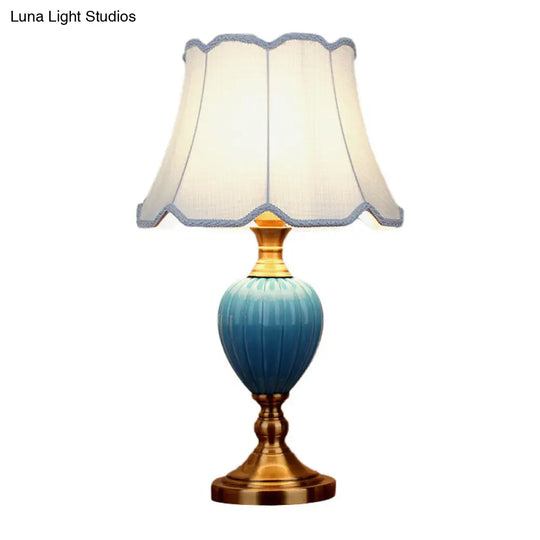 1-Light Retro Sky Blue Night Lamp With Pleated/Paneled Fabric Shade And Ceramic Base