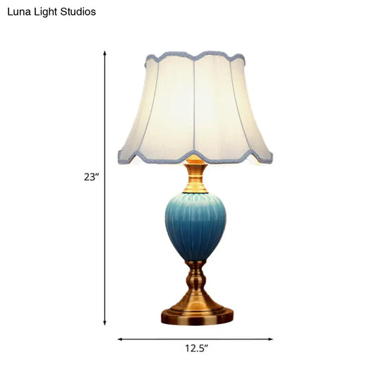 1-Light Retro Sky Blue Night Lamp With Pleated/Paneled Fabric Shade And Ceramic Base