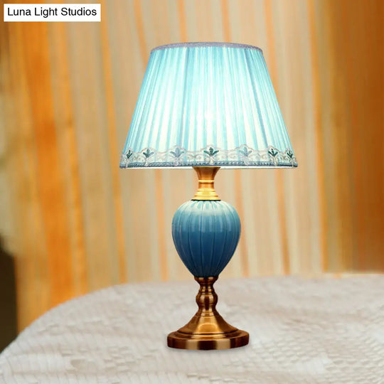 1-Light Retro Sky Blue Night Lamp With Pleated/Paneled Fabric Shade And Ceramic Base