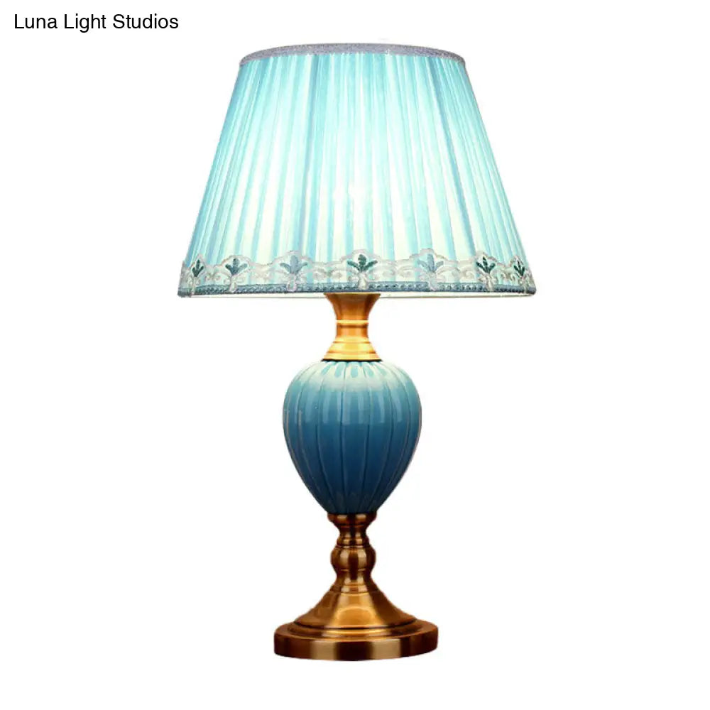 1-Light Retro Sky Blue Night Lamp With Pleated/Paneled Fabric Shade And Ceramic Base