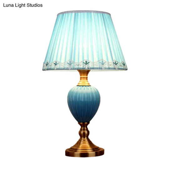 1-Light Retro Sky Blue Night Lamp With Pleated/Paneled Fabric Shade And Ceramic Base