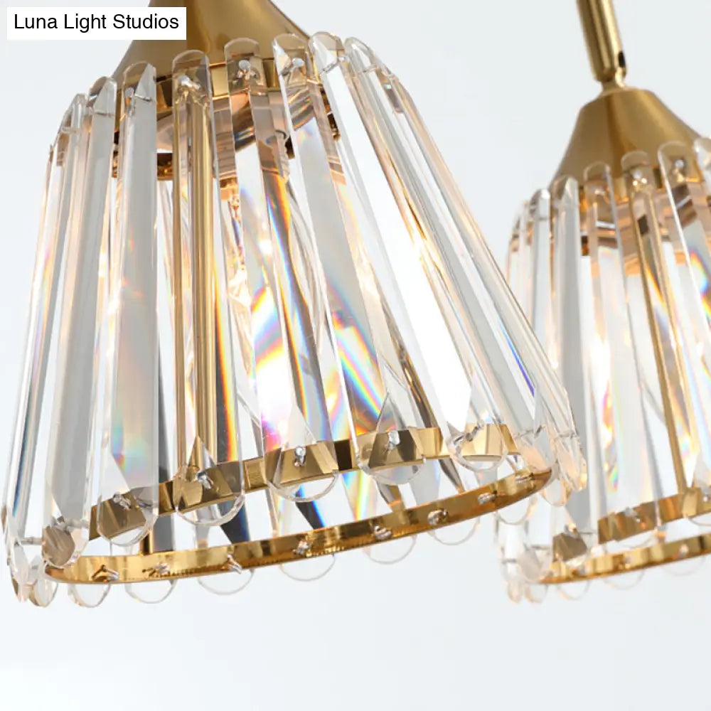 Linear Crystal Island Pendant Light With Conic Gold Shade - 3/4 Heads Modern Hanging Fixture