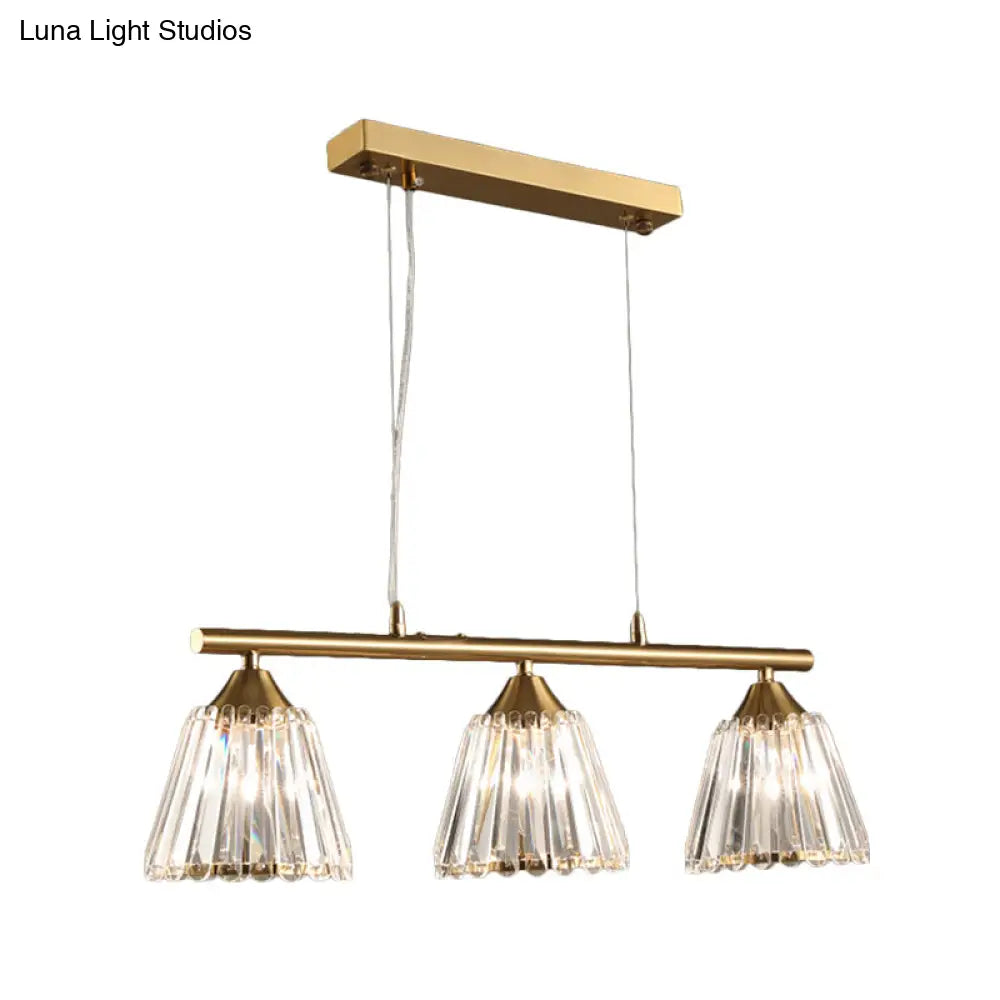 Linear Crystal Island Pendant Light With Conic Gold Shade - 3/4 Heads Modern Hanging Fixture