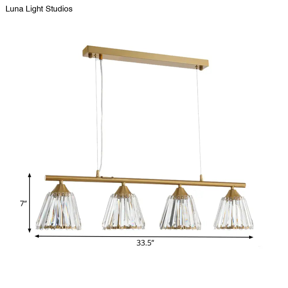 Linear Crystal Island Pendant Light With Conic Gold Shade - 3/4 Heads Modern Hanging Fixture