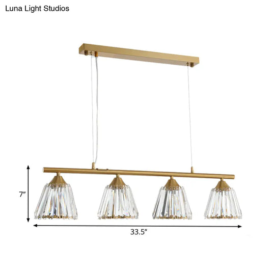 Linear Crystal Island Pendant Light With Conic Gold Shade - 3/4 Heads Modern Hanging Fixture