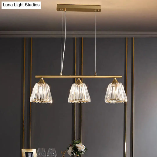 Linear Crystal Island Pendant Light With Conic Gold Shade - 3/4 Heads Modern Hanging Fixture