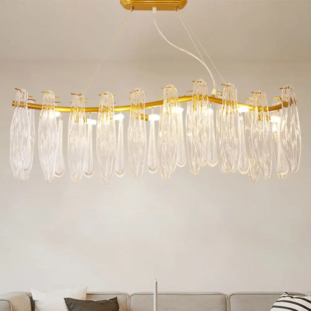 Linear Island Lamp With 8 Clear K9 Crystal Lights - Gold Pendant Lighting Fixture For Living Room