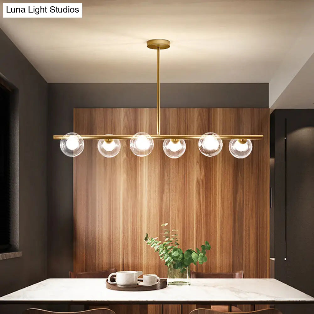 Linear Island Light Fixture Nordic Metal 6 Heads Gold Hanging Lamp With Globe Clear Glass Shade