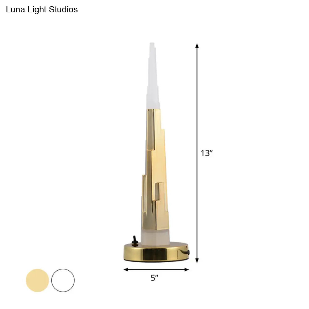 Modern Burj Tower Nightstand Lamp: Acrylic Led Table Light In White/Gold For Study Room