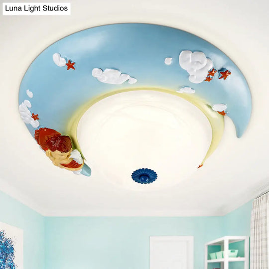 Little Angel Resin Crescent Flush Mount Light - Modern Ceiling Lamp For Kid Bedroom Blue / White