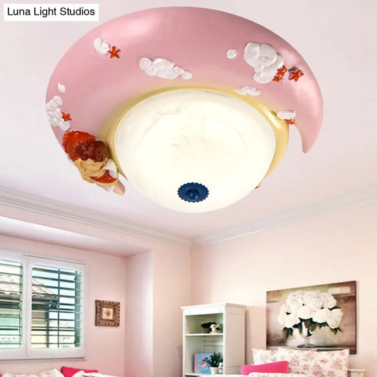 Little Angel Resin Crescent Flush Mount Light - Modern Ceiling Lamp For Kid Bedroom Pink / White