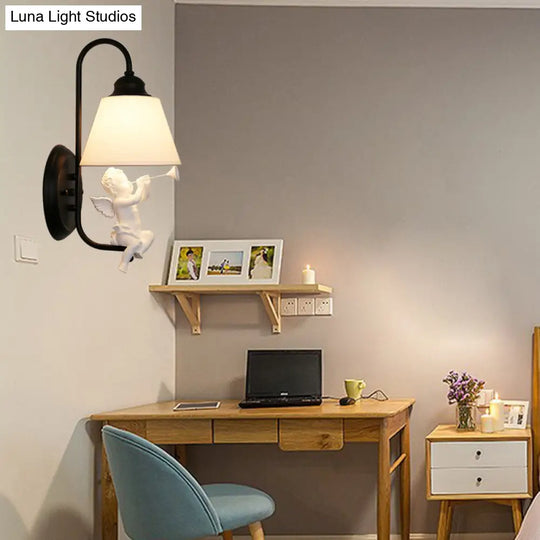 Little Angel Wall Light For Childs Bedroom - Metal Sconce With Single Head And Tapered Shade