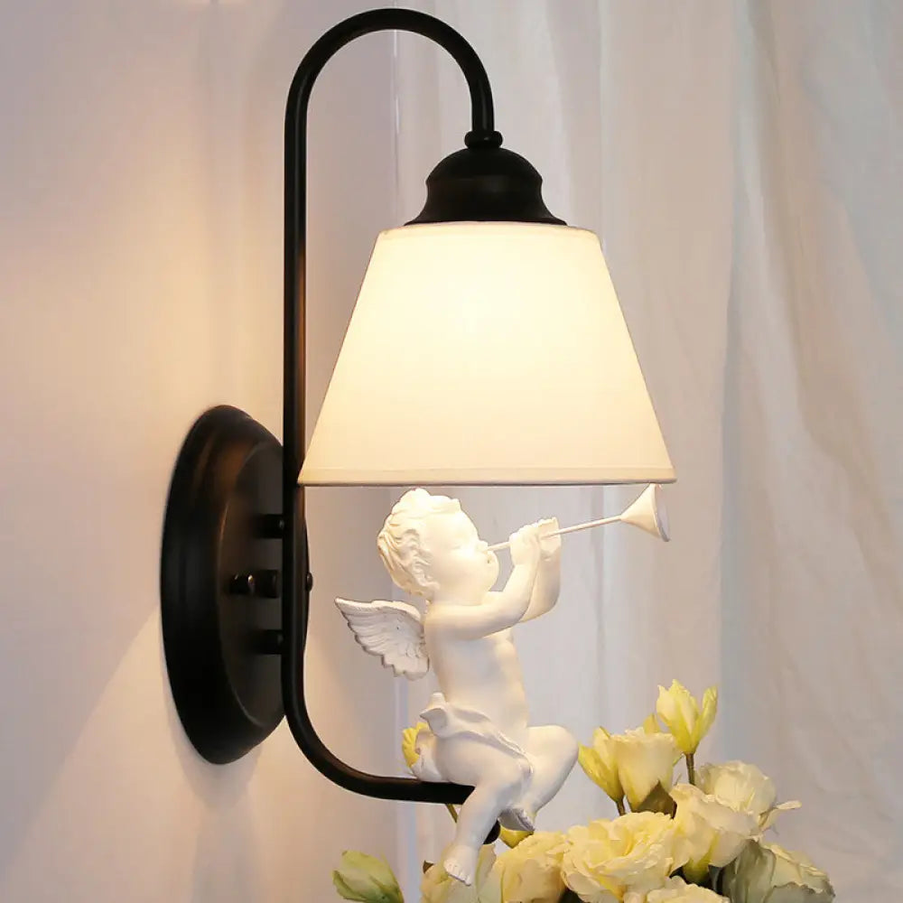 Little Angel Wall Light For Childs Bedroom - Metal Sconce With Single Head And Tapered Shade Black