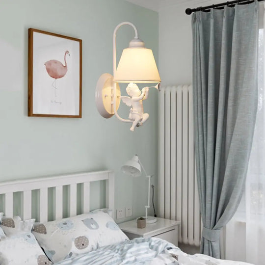 Little Angel Wall Light For Childs Bedroom - Metal Sconce With Single Head And Tapered Shade White