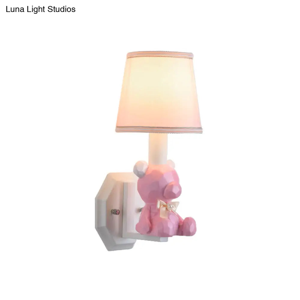 Little Bear Wall Light: Eye-Caring Cartoon Sconce Lamp With Coolie Shade - Resin 1 Head