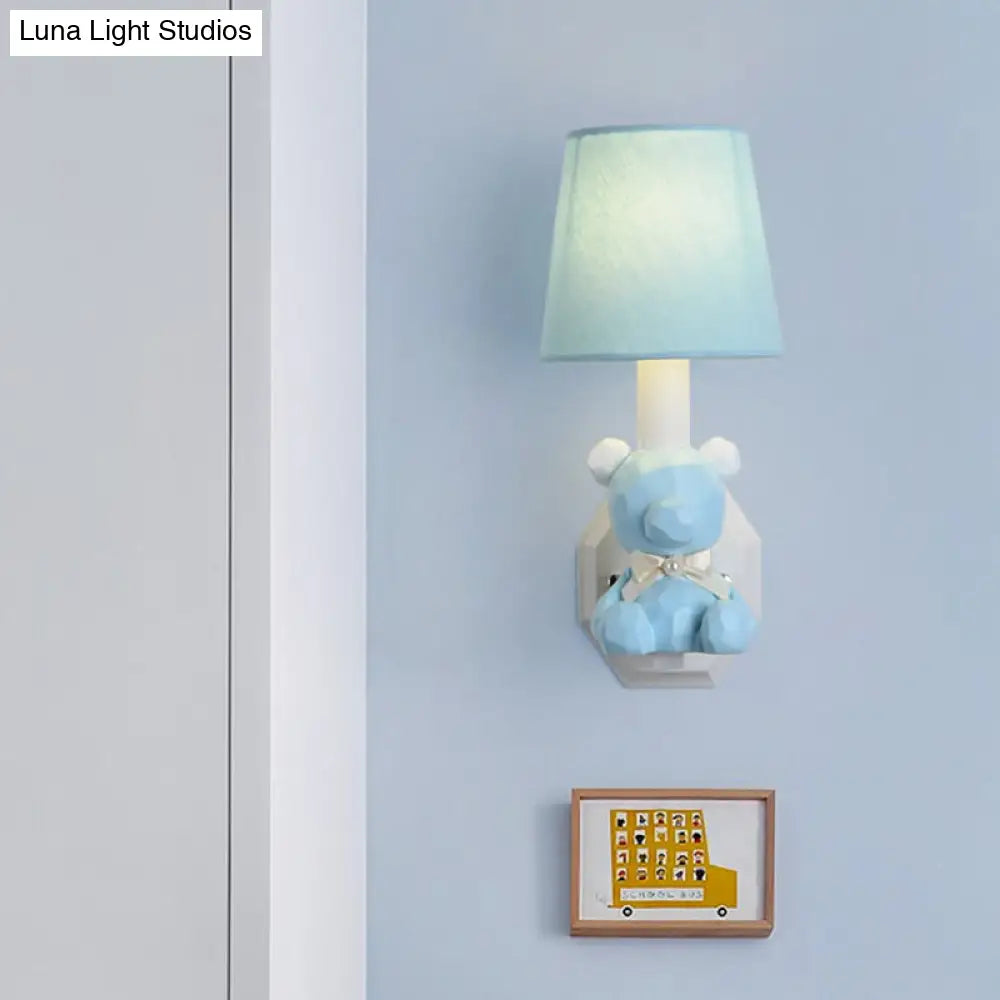 Little Bear Wall Light: Eye-Caring Cartoon Sconce Lamp With Coolie Shade - Resin 1 Head