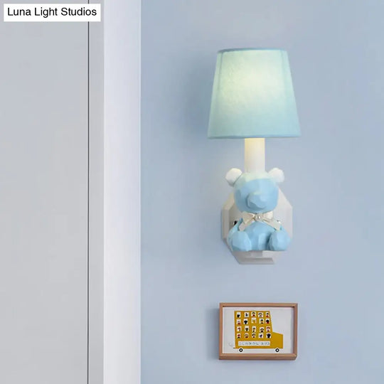 Little Bear Wall Light: Eye-Caring Cartoon Sconce Lamp With Coolie Shade - Resin 1 Head