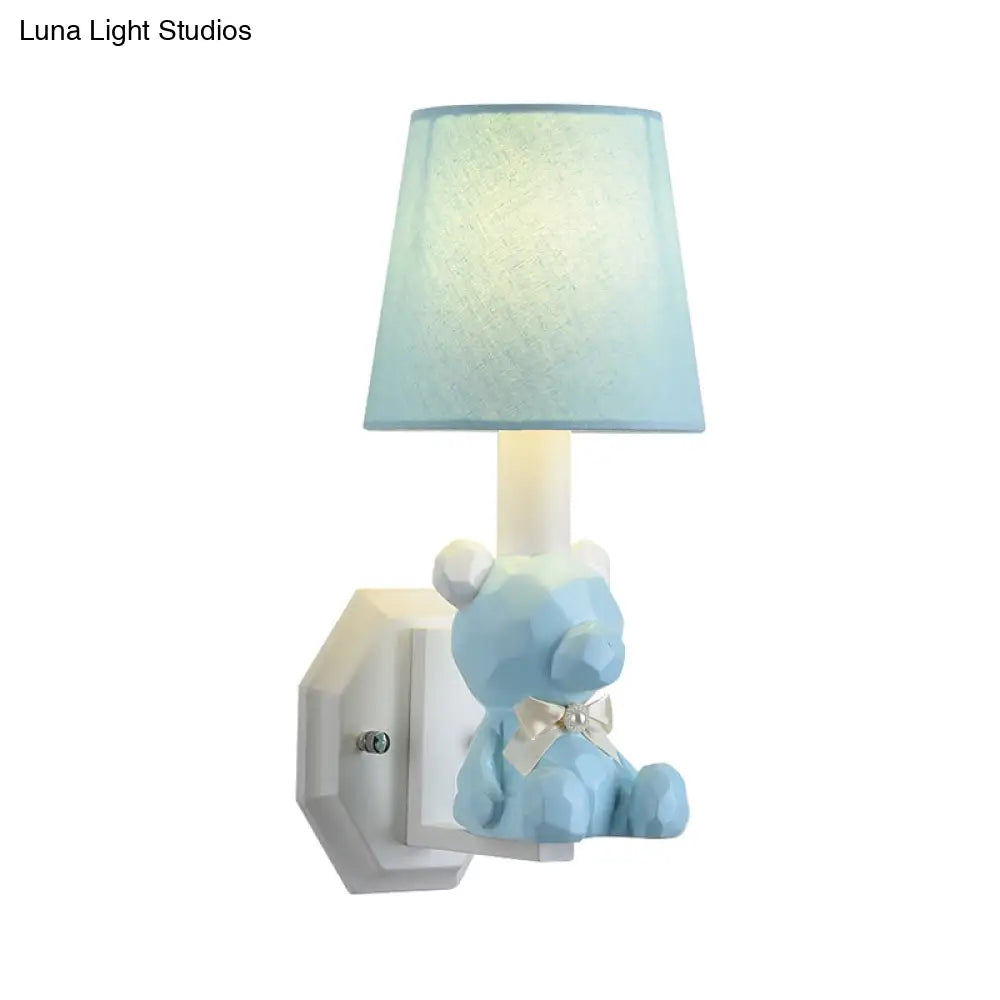 Little Bear Wall Light: Eye-Caring Cartoon Sconce Lamp With Coolie Shade - Resin 1 Head