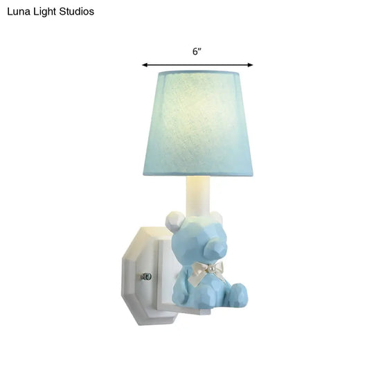 Little Bear Wall Light: Eye-Caring Cartoon Sconce Lamp With Coolie Shade - Resin 1 Head