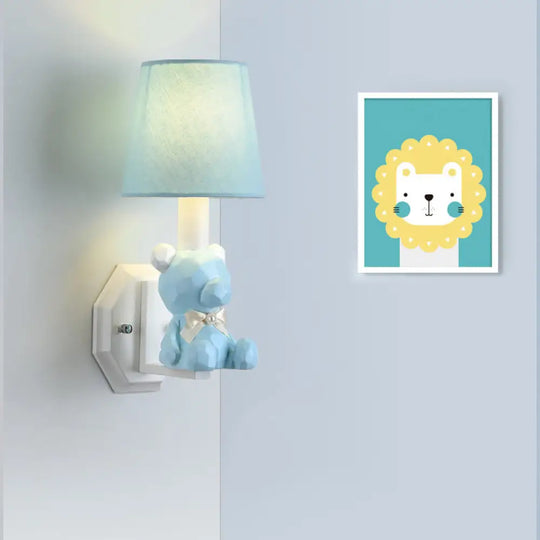 Little Bear Wall Light: Eye-Caring Cartoon Sconce Lamp With Coolie Shade - Resin 1 Head Blue