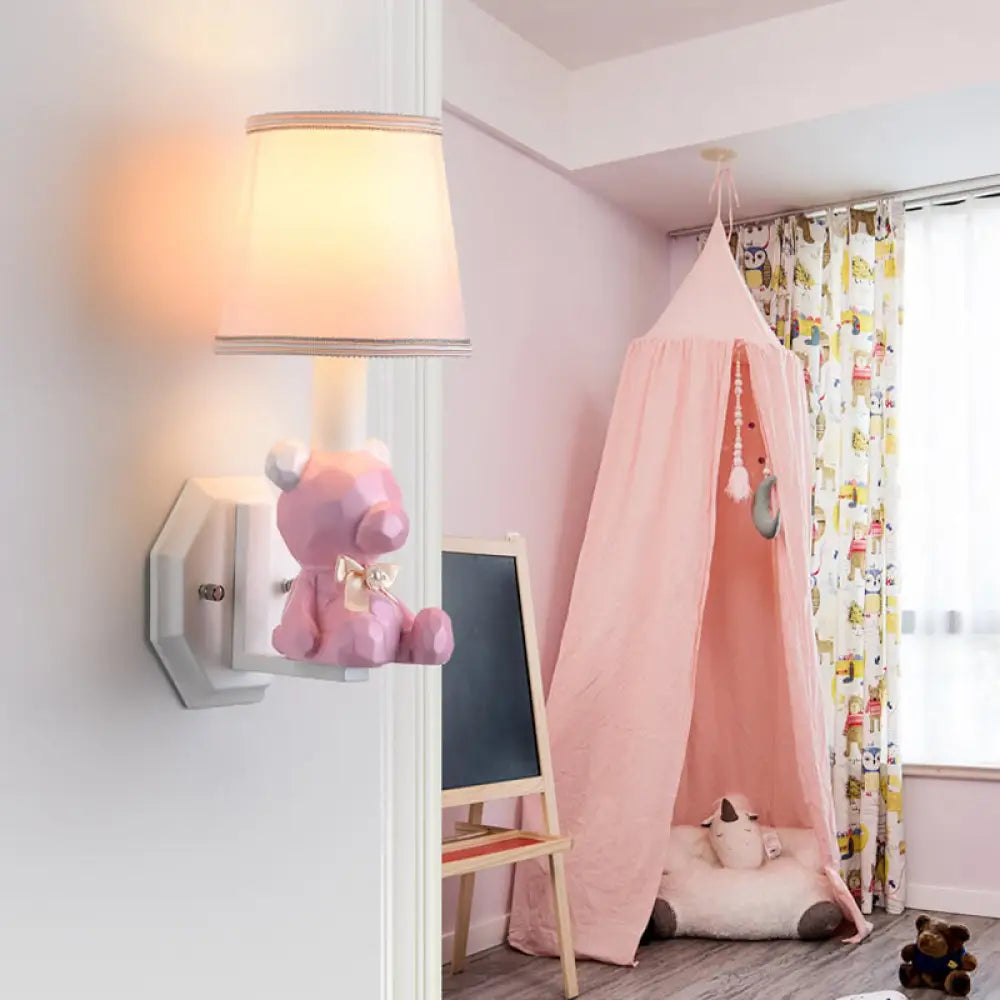 Little Bear Wall Light: Eye-Caring Cartoon Sconce Lamp With Coolie Shade - Resin 1 Head Pink