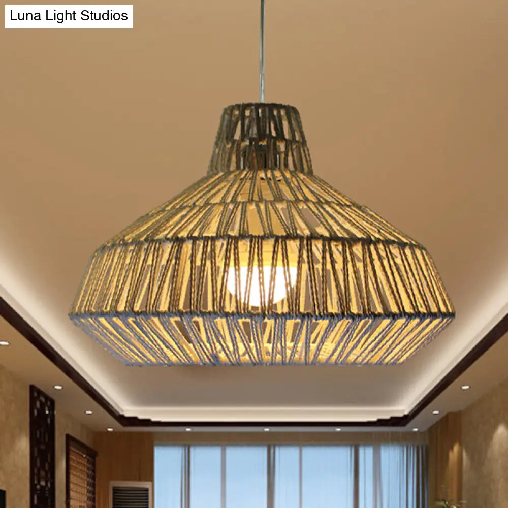 Traditional Beige Ceiling Pendant Light - 1 Head Living Room Hanging Lamp With Urn Paper Shade