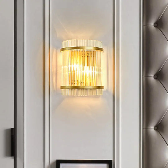 Living Room Wall Mount Light: Modern Gold Ribbed Glass Sconce With 2 Bulbs