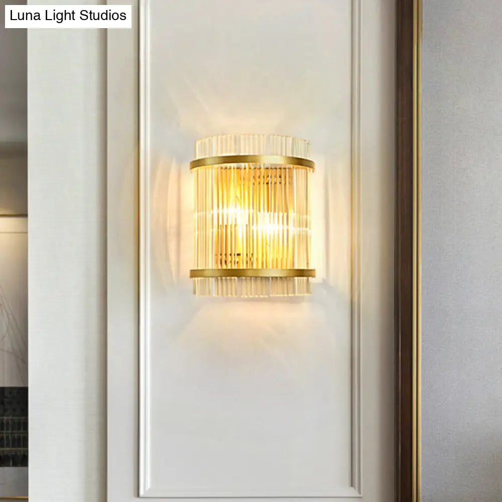 Living Room Wall Mount Light: Modern Gold Ribbed Glass Sconce With 2 Bulbs