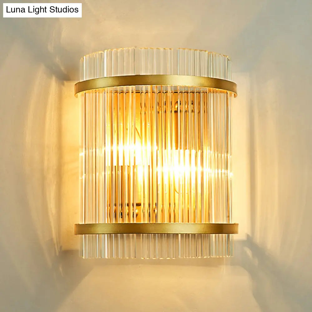 Living Room Wall Mount Light: Modern Gold Ribbed Glass Sconce With 2 Bulbs